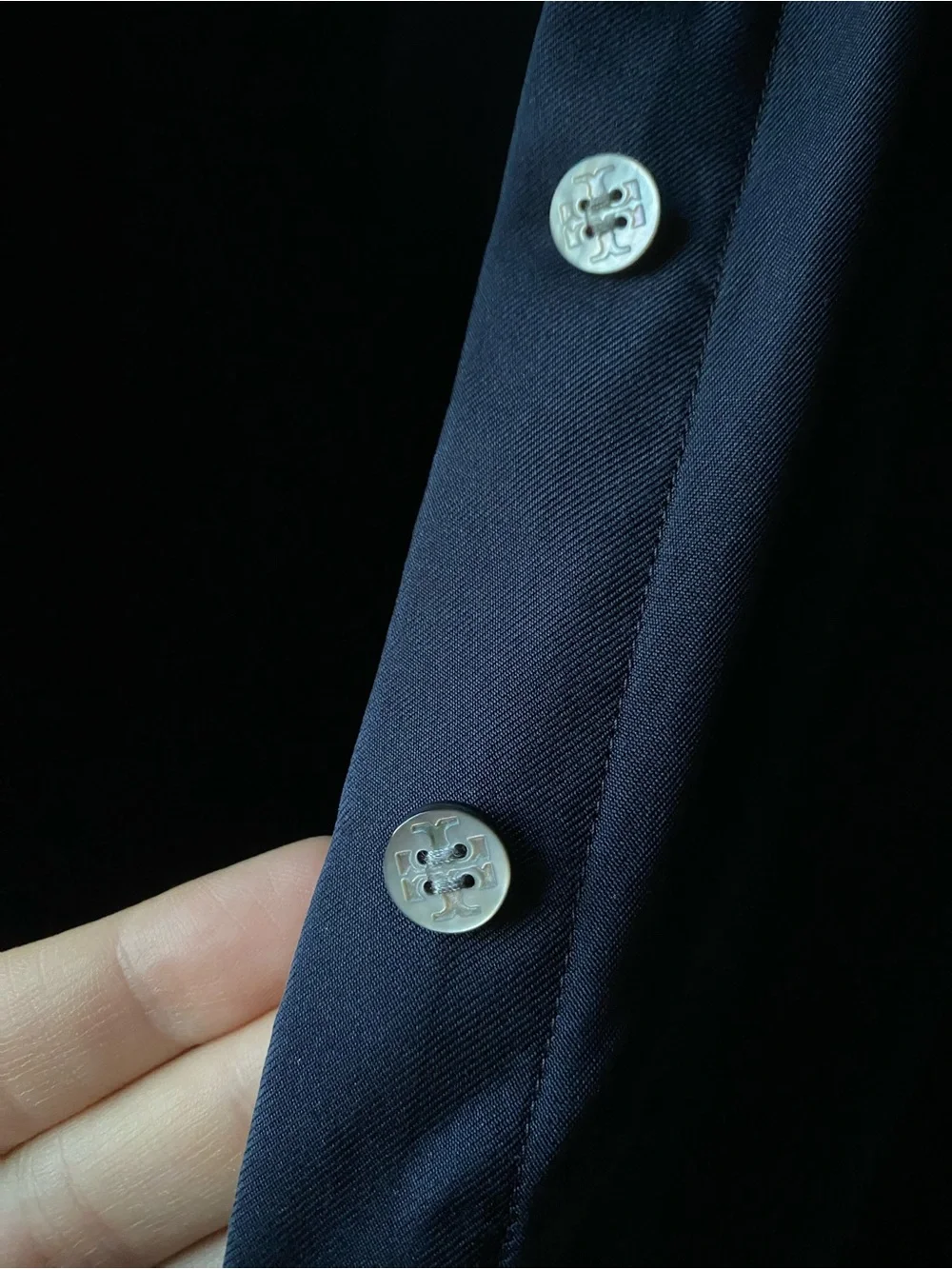 TORY BURCH SILK Navy Blue 100% Silk Pleated Midi Shirtdress long sleeve
